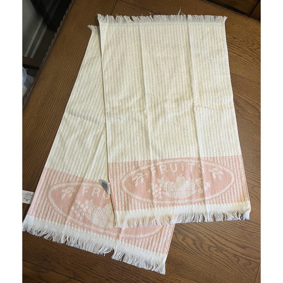 Set 2 Vintage Cannon Kitchen Towels Peach Pink Stripe Fruit Basket Fringed NOS - Picture 1 of 11